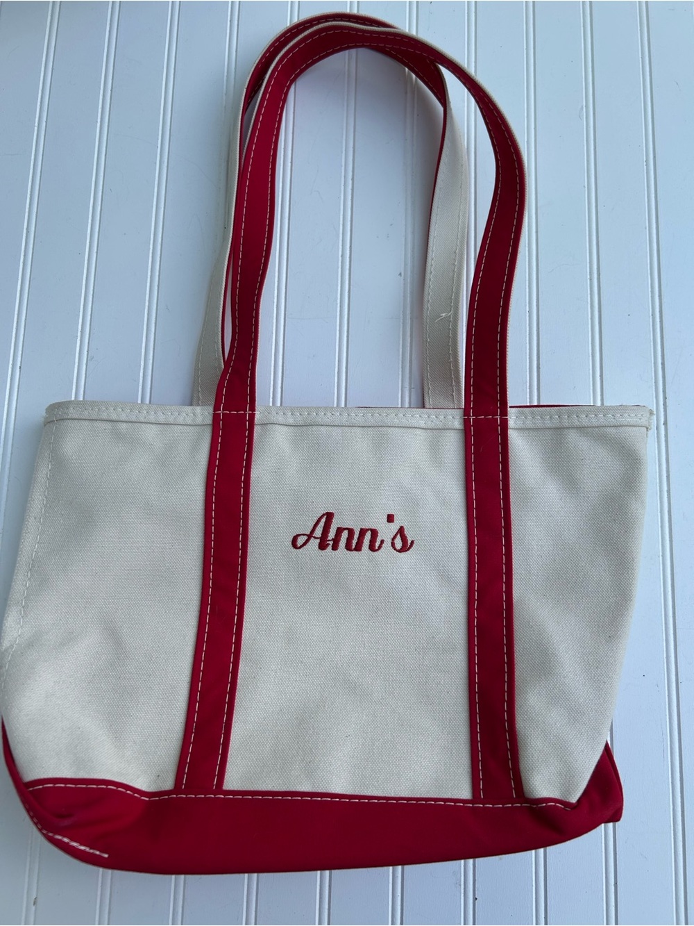 LL Bean Boat and Tote Cream Red Canvas Bag Personalized Ann’s Ling Handle 12x18
